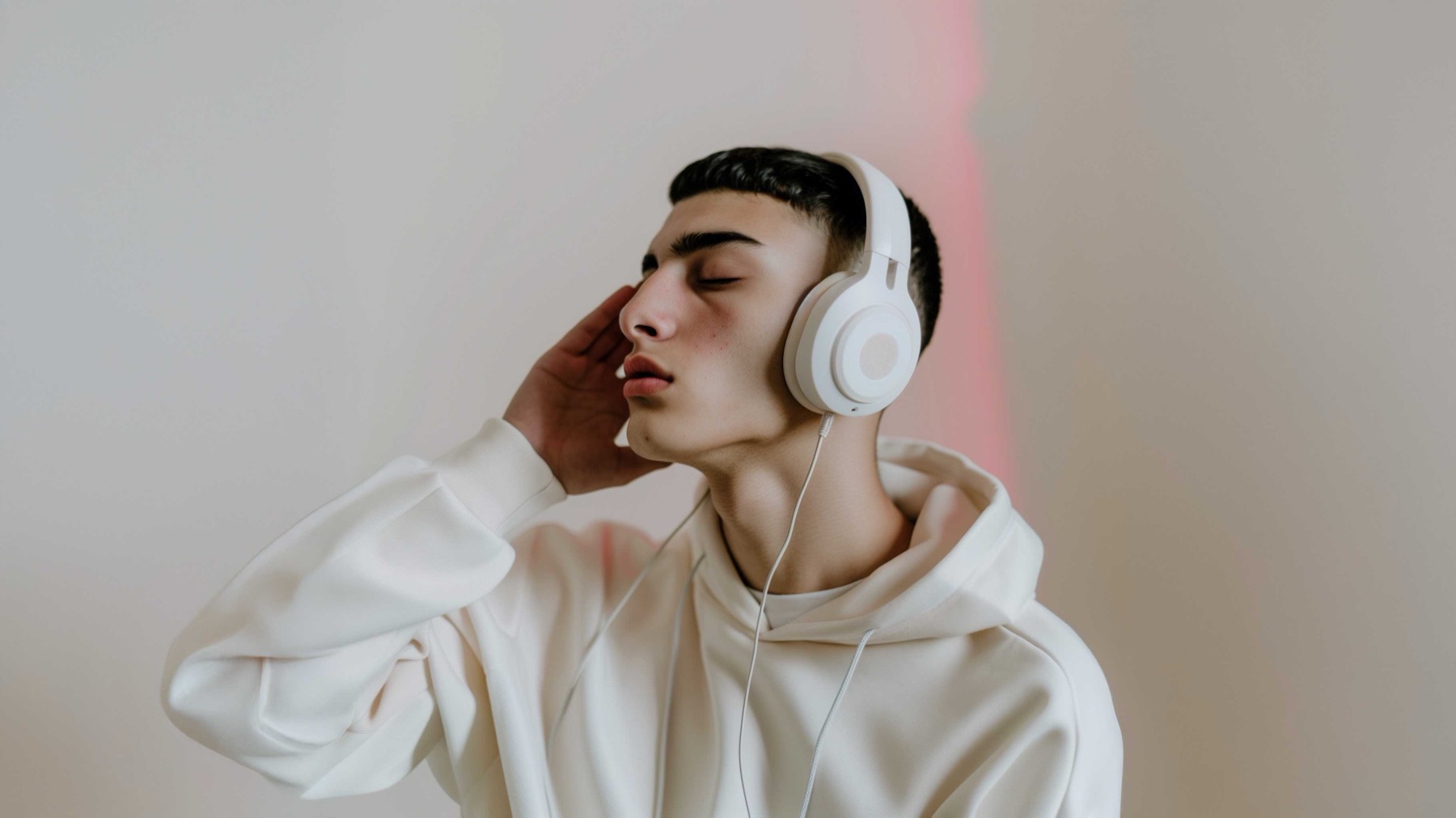 Young man with closed eyes listening on white headphones