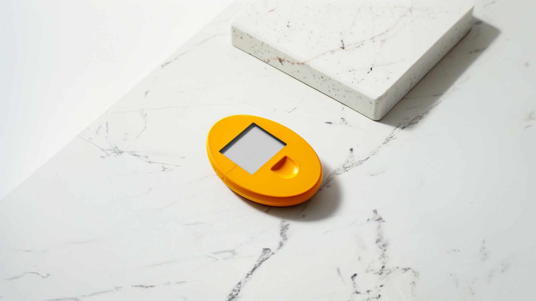 A small sound device resting on a marble surface