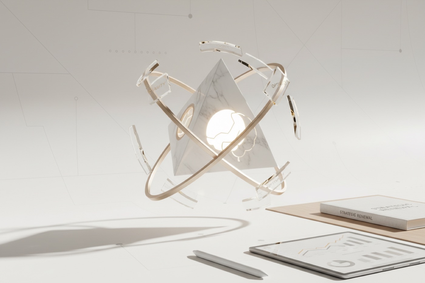 A glowing sculpture of a mind held inside golden rings, beside a tablet and a book titled Strategic Renewal