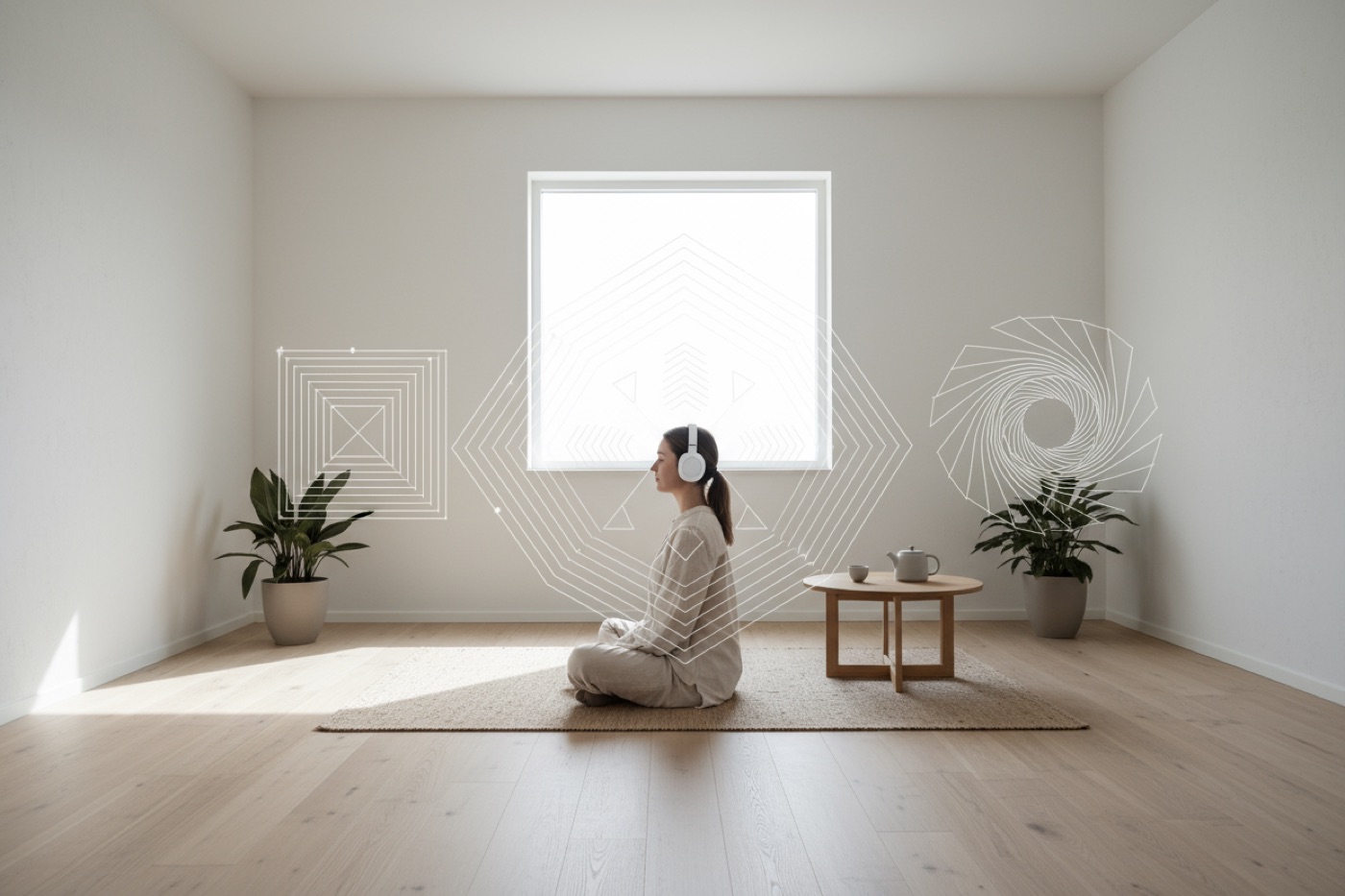 Woman sitting cross-legged in a light, empty room