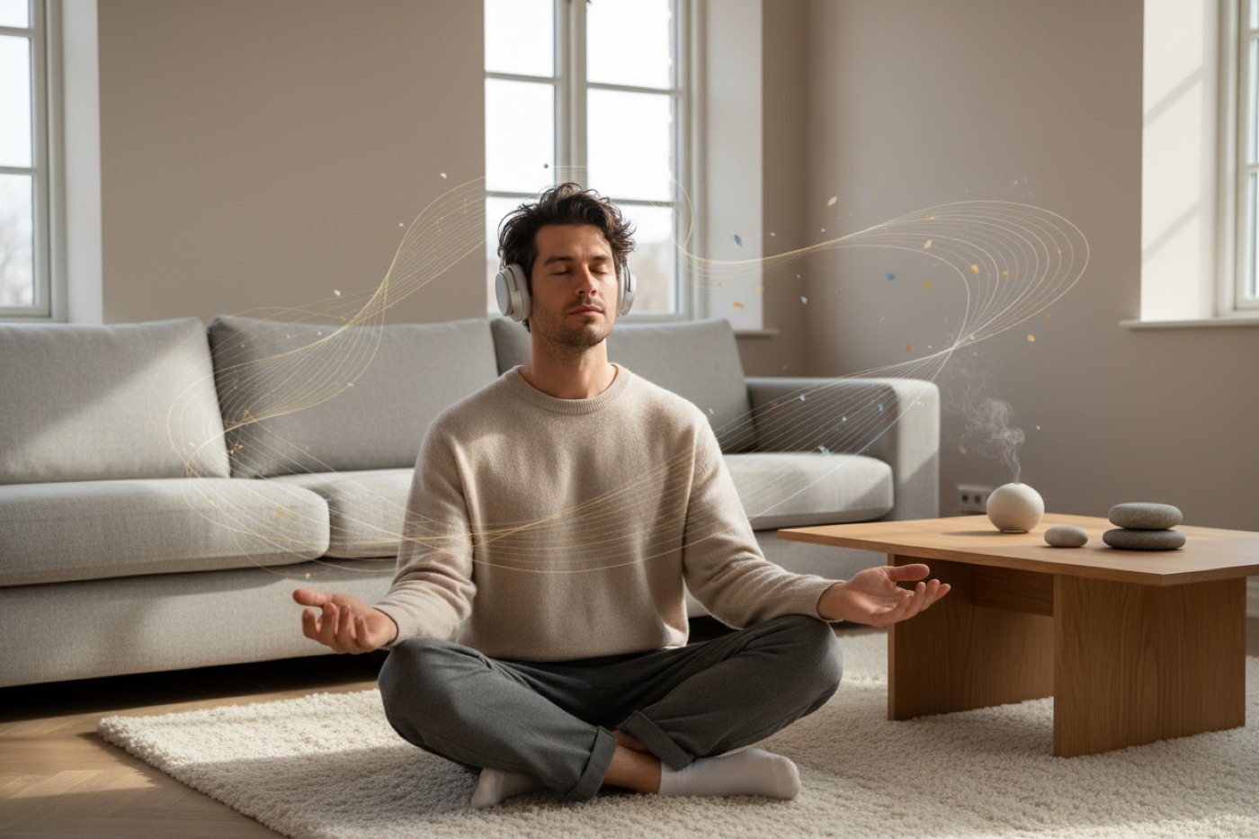 Man meditating with headphones in a bright, minimal living room