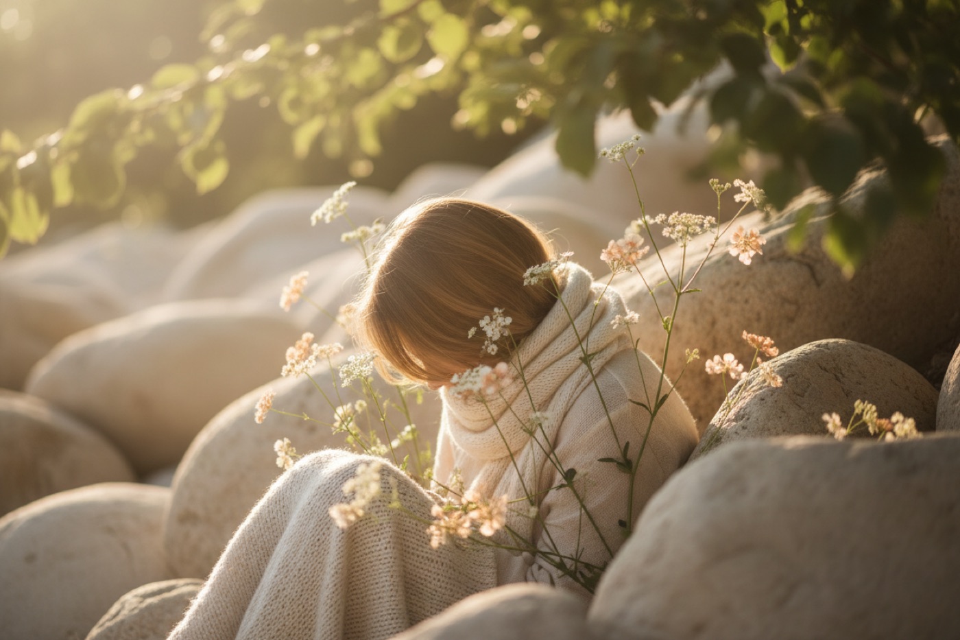 A woman in a knitted wrap resting among sunlit stones and wildflowers