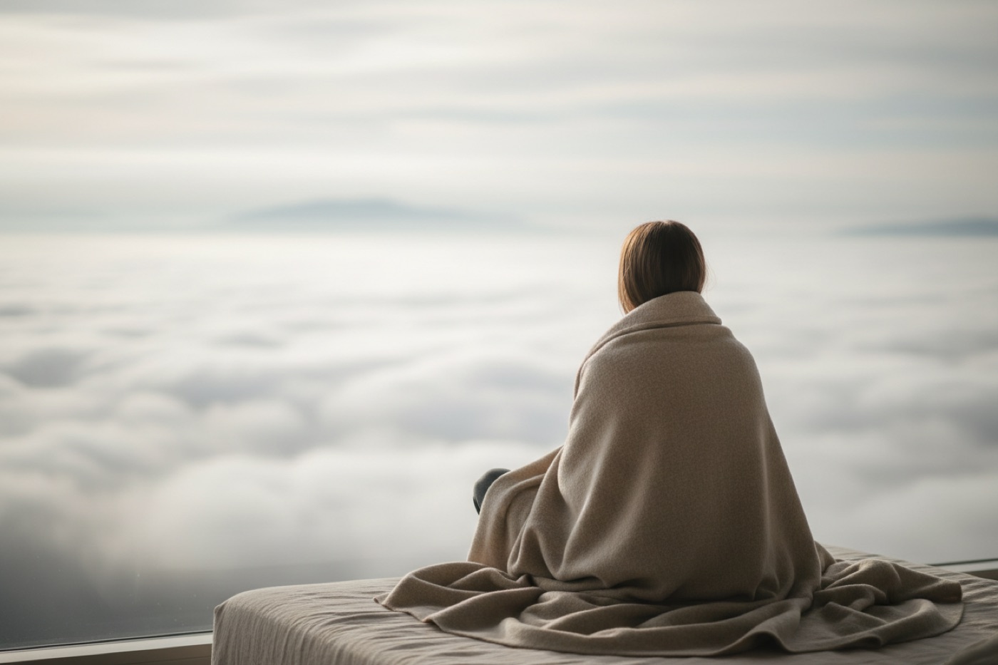 A person wrapped in a blanket looking over misty mountains