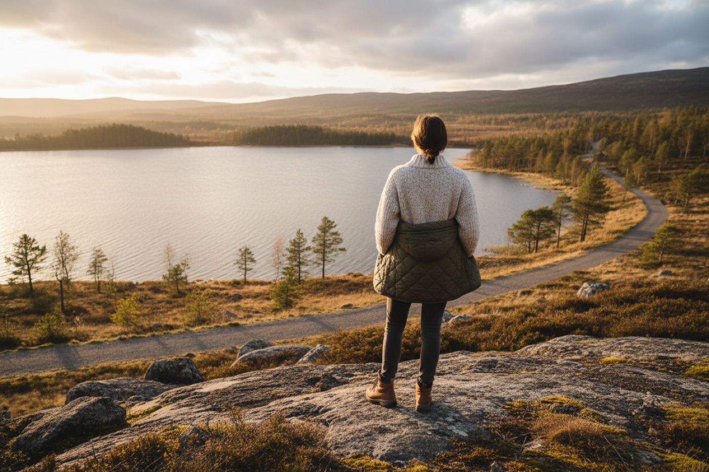 A person standing on a rocky shore facing the sea