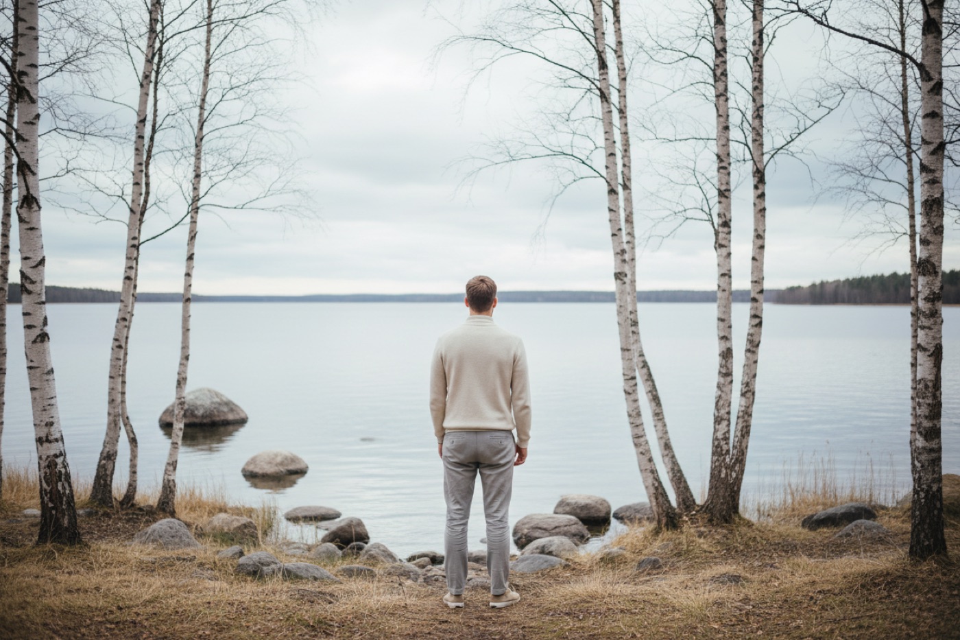A person standing alone by a calm lake among birch trees