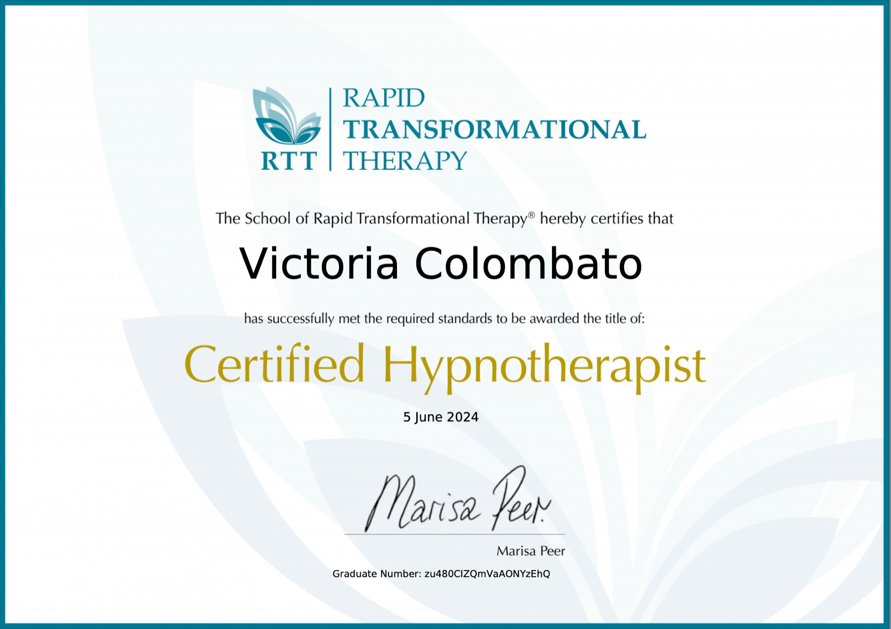 Rapid Transformational Therapy certification issued to Victoria Colombato